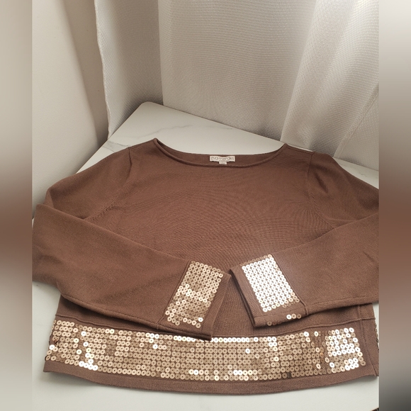 Eva Mendes Light Brown Sequin Accented Sweater Holiday Party~ Size Large - Picture 4 of 5
